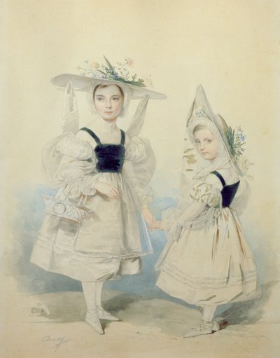 Porträt der Großprinzessinnen Olga und Alexandra in Kostümen, 1830er Jahre von Pyotr Fyodorovich Sokolov